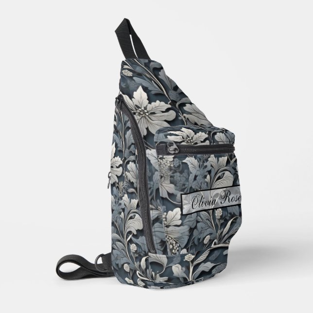 Elegant dusty blue silver white gray floral sling bag (Left Corner)