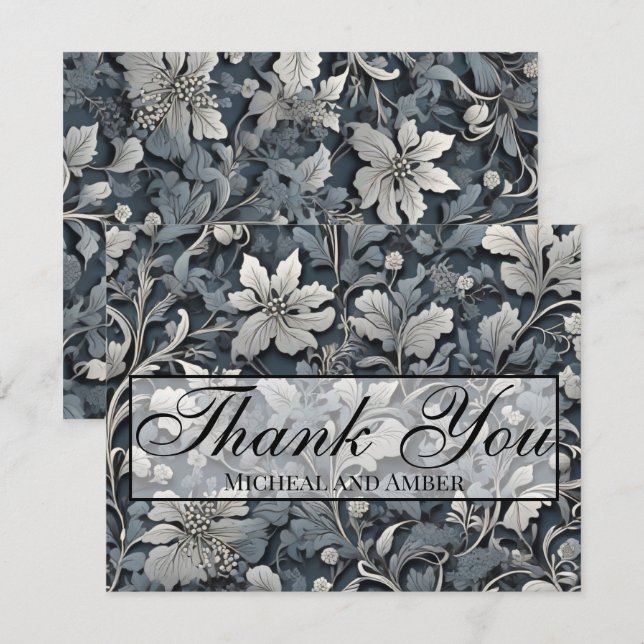 Elegant dusty blue silver white gray floral thank you card (Front/Back)