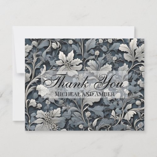 Elegant dusty blue silver white gray floral thank you card