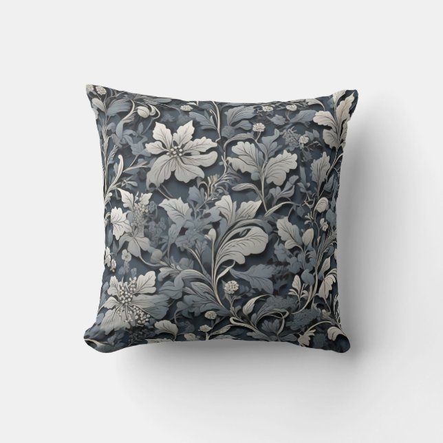 Elegant dusty blue silver white gray floral throw pillow (Front)
