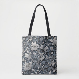 Elegant dusty blue silver white gray floral tote bag