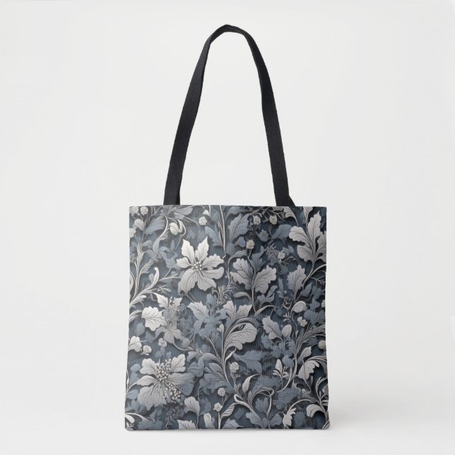Elegant dusty blue silver white gray floral tote bag (Front)
