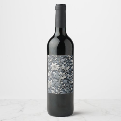 Elegant dusty blue silver white gray floral wine label