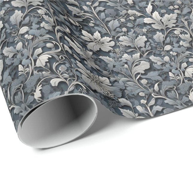 Elegant dusty blue silver white gray floral wrapping paper (Roll Corner)