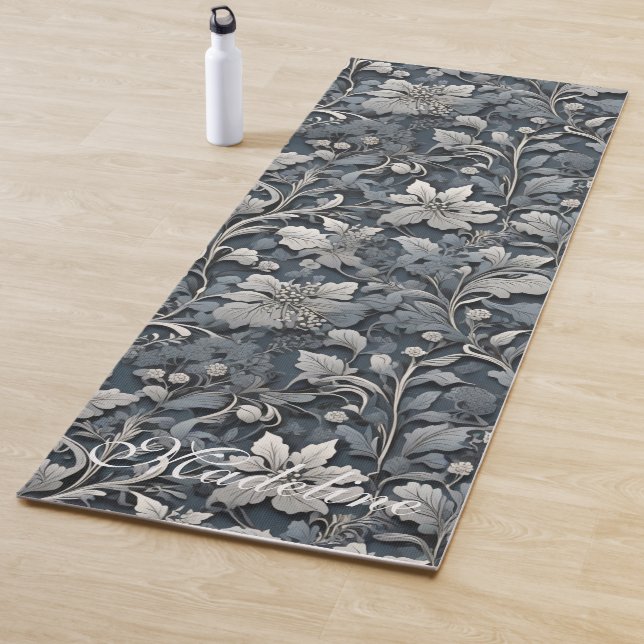 Elegant dusty blue silver white gray floral yoga mat (In Situ)