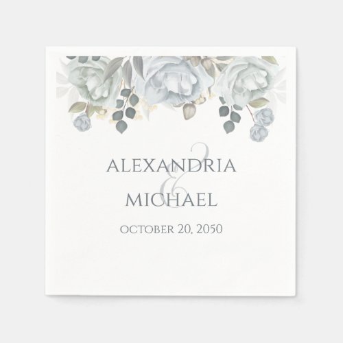 Elegant Dusty Blue Simple Floral Wedding Rose Napkins