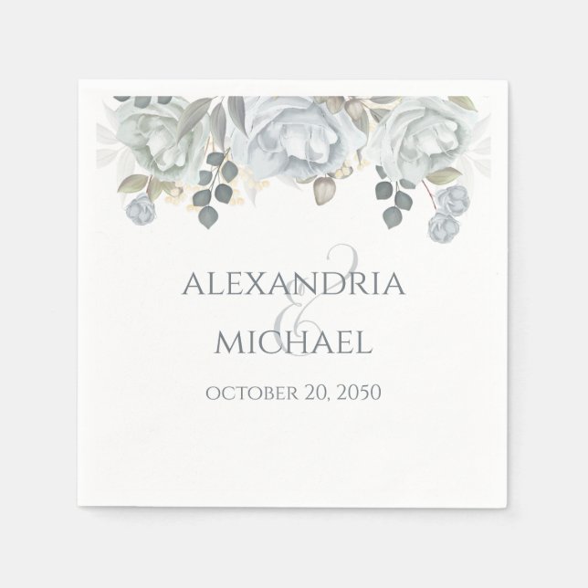 Elegant Dusty Blue Simple Floral Wedding Rose Napkins (Front)