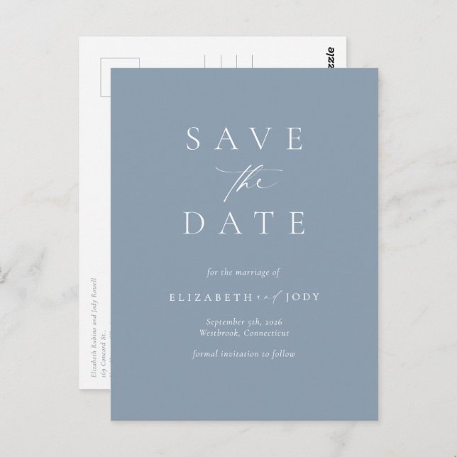 Elegant Dusty Blue Simple Save The Date Postcard (Front/Back)