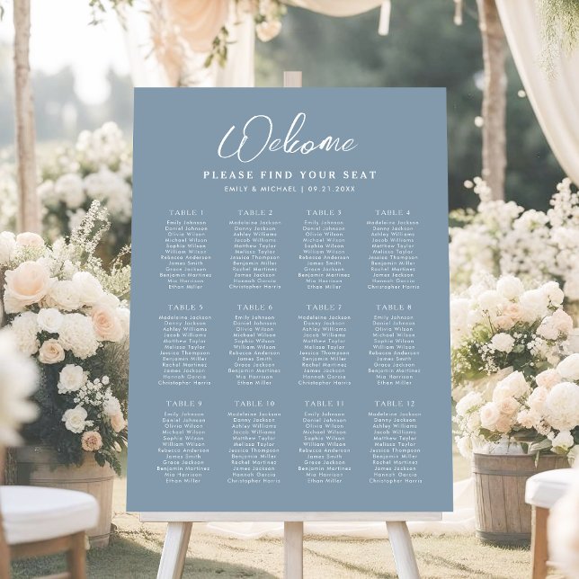 Elegant Dusty Blue Simple Wedding Seating Chart Foam Board (Simple and elegant seating chart design with white typography on classic dusty blue)