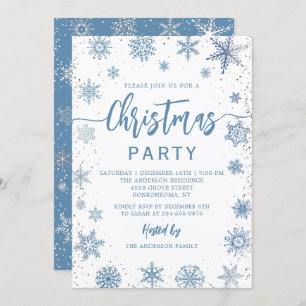 Elegant Dusty Blue Snowflakes Christmas Party Invitation