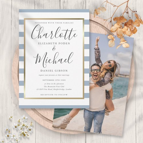 Elegant Dusty Blue Stripe Script Photo Wedding Invitation