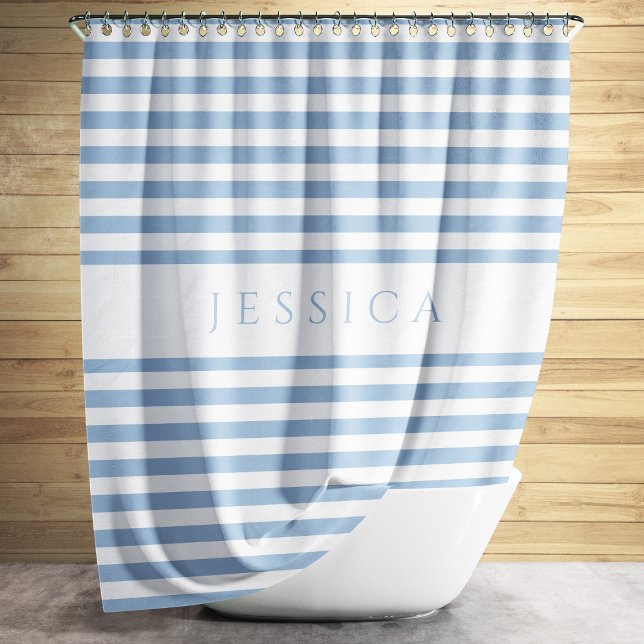 Elegant Dusty Blue Striped Pattern Name Shower Curtain (Elegant Dusty Blue Striped Pattern Name Shower Curtain)