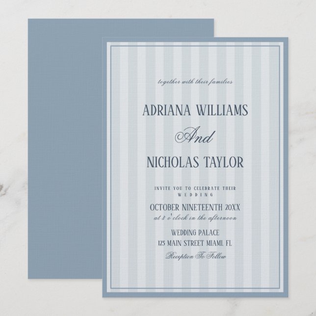 Elegant Dusty Blue Striped Wedding Invitation (Front/Back)