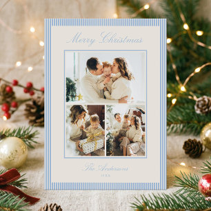 Elegant Dusty Blue Stripes Christmas Photo Collage Holiday Card