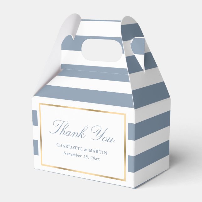 Elegant Dusty Blue Stripes Wedding Thank You Favor Boxes (Front Side)
