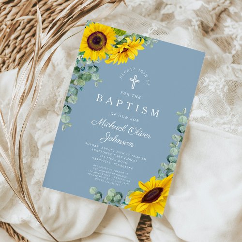 Elegant Dusty Blue Sunflower Cross Baptism Invitation