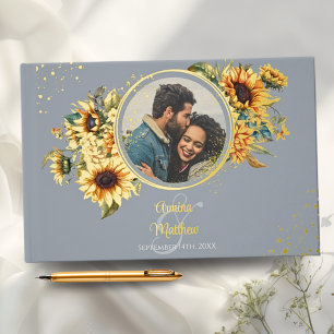 Elegant Dusty Blue Sunflower Photo Wedding Foil Guest Book