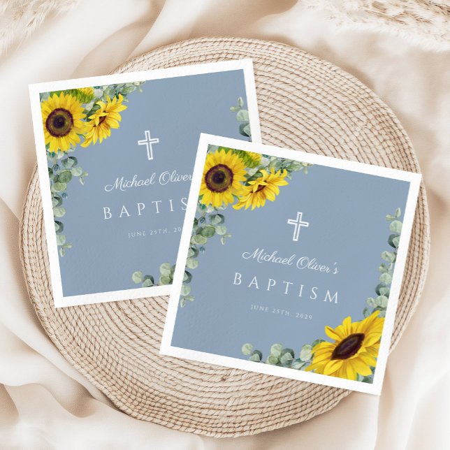 Elegant Dusty Blue Sunflower Religious Baptism Napkins (Elegant Dusty Blue Sunflower Religious Baptism Napkins)