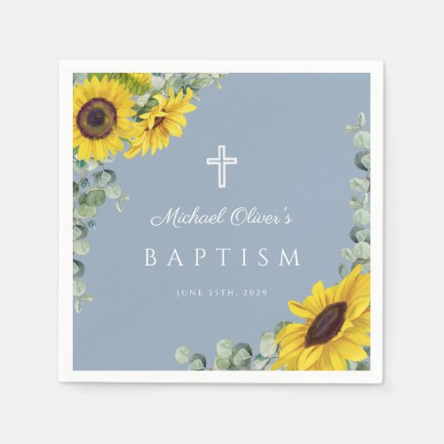 Elegant Dusty Blue Sunflower Religious Baptism Napkins