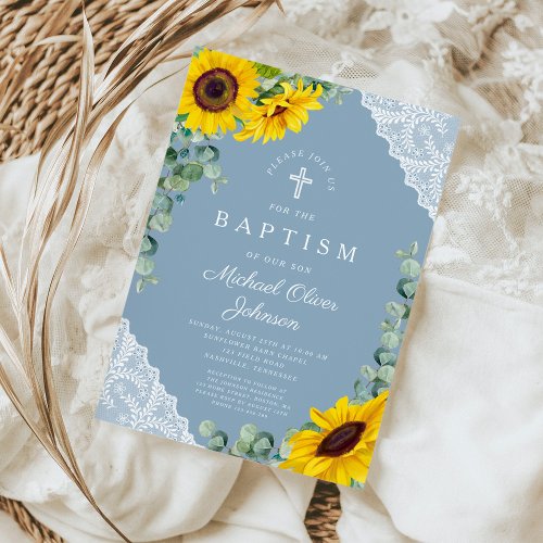 Elegant Dusty Blue Sunflowers Cross Baptism  Invitation