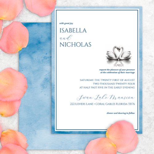 Elegant Dusty Blue Swan Lake Watercolor Wedding  Invitation