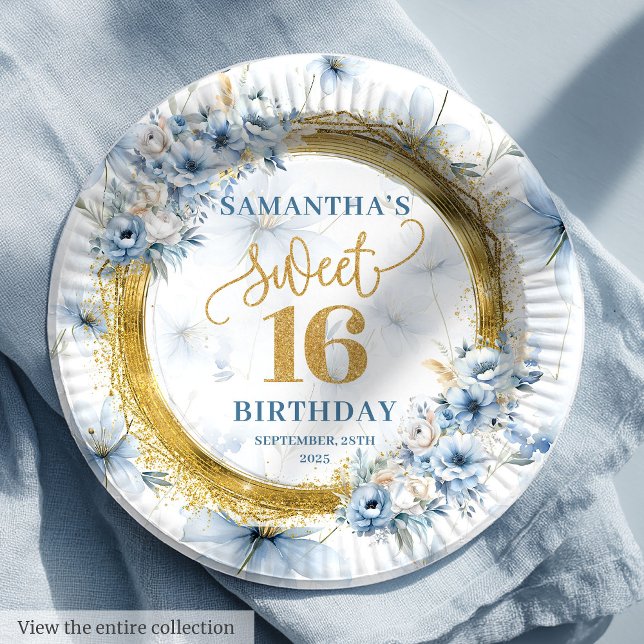 Elegant Dusty Blue Sweet Sixteen Gold Glitter  Paper Plates (Elegant Dusty Blue Sweet Sixteen Gold Glitter Paper Plates)