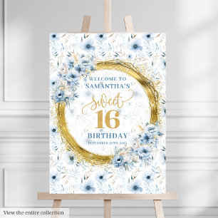 Elegant Dusty Blue Sweet Sixteen Gold Glitter Sign