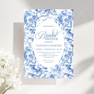 Elegant Dusty Blue Toile de Jouy Bridal Shower  Invitation
