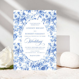 Elegant Dusty Blue Toile de Jouy Floral Wedding  Invitation