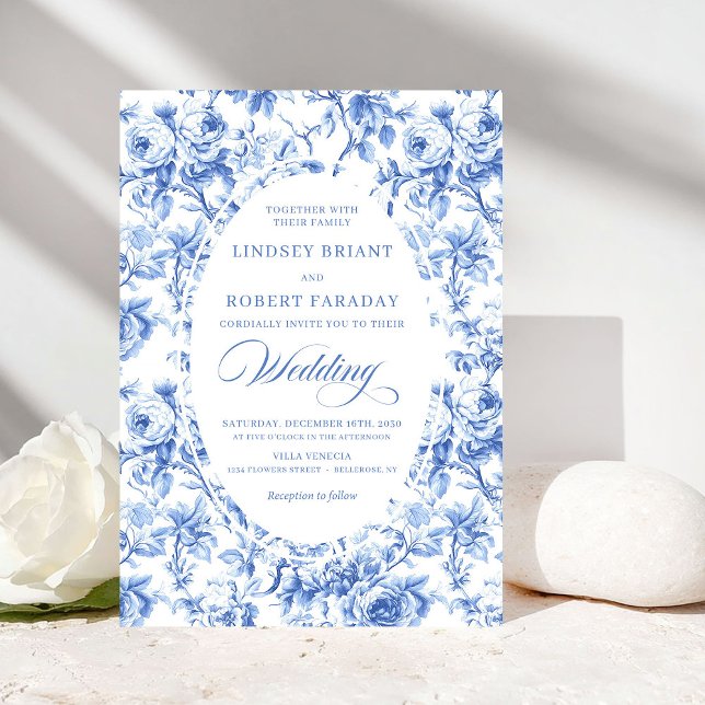Elegant Dusty Blue Toile de Jouy Floral Wedding  Invitation (Elegant Dusty Blue Toile de Jouy Floral Wedding Invitation)