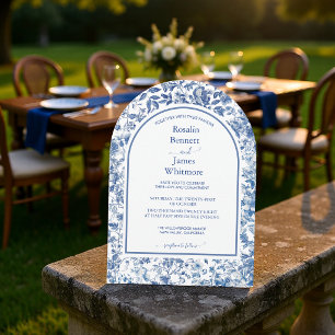 Elegant Dusty Blue Toile Floral Arch Wedding Invitation