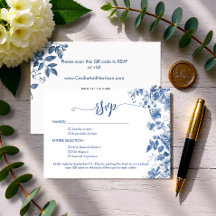 Elegant Dusty Blue Toile Floral QR Code Wedding