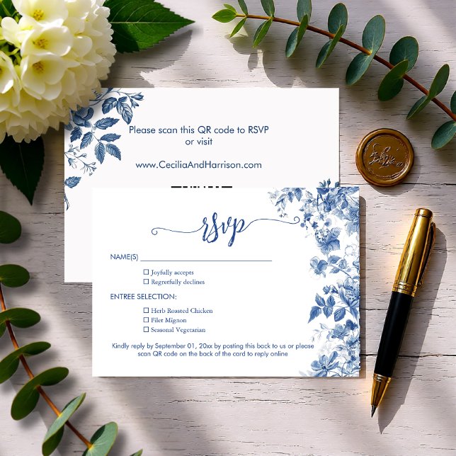 Elegant Dusty Blue Toile Floral  QR Code Wedding RSVP Card (Elegant Dusty Blue Toile Floral QR Code Wedding RSVP Card)