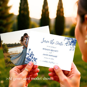 Elegant Dusty Blue Toile Floral Save The Date