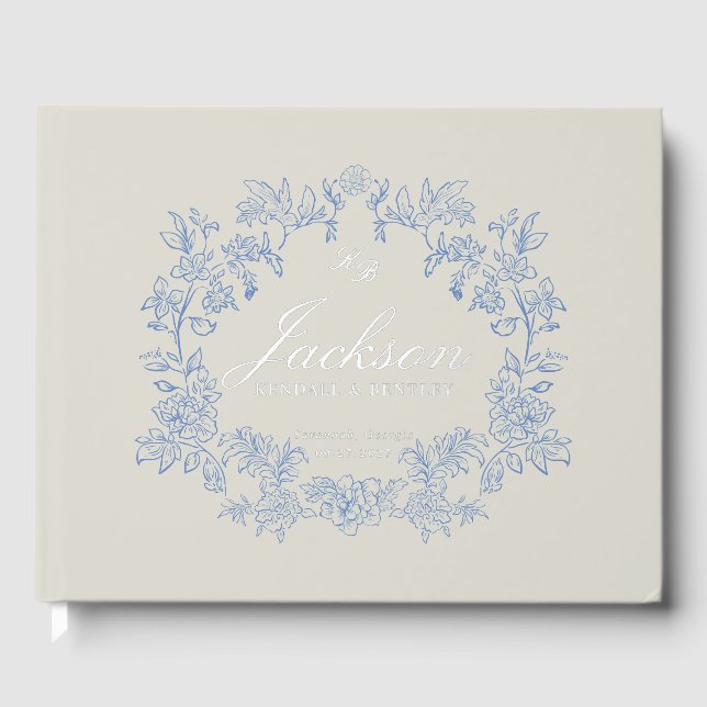 Elegant Dusty Blue Toile Floral Victorian Wedding Foil Guest Book (Front)