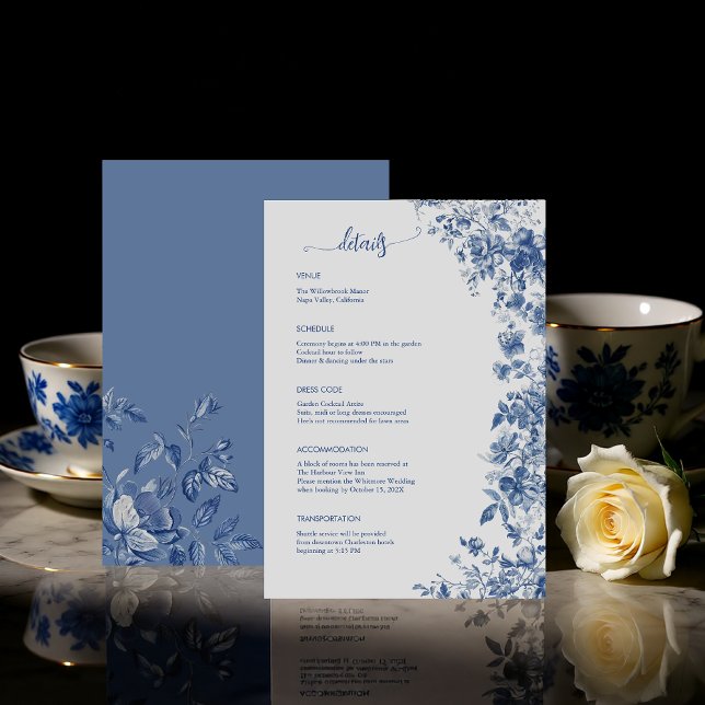 Elegant Dusty Blue Toile Floral Wedding Details Enclosure Card (Elegant Dusty Blue Toile Floral Wedding Details Enclosure Card)