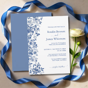 Elegant Dusty Blue Toile Floral Wedding Invitation