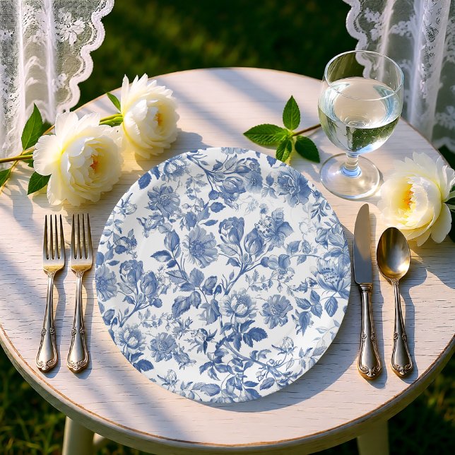 Elegant Dusty Blue Toile Floral Wedding Paper Plates (Elegant Dusty Blue Toile Floral Wedding Paper Plates)