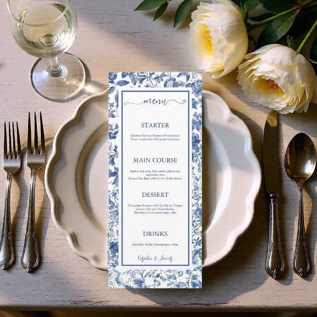 Elegant Dusty Blue Toile Floral Wedding Reception Menu (Elegant Dusty Blue Toile Floral Wedding Reception Menu)