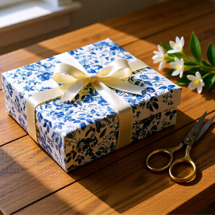 Elegant Dusty Blue Toile Floral Wedding Wrapping Paper