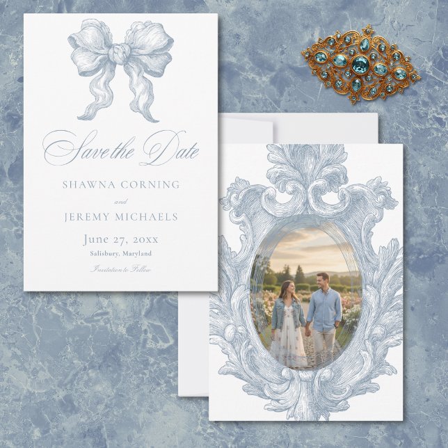 Elegant Dusty Blue Toile French Manor Photo Save The Date (Elegant Dusty Blue Toile French Manor Photo Save The Date)