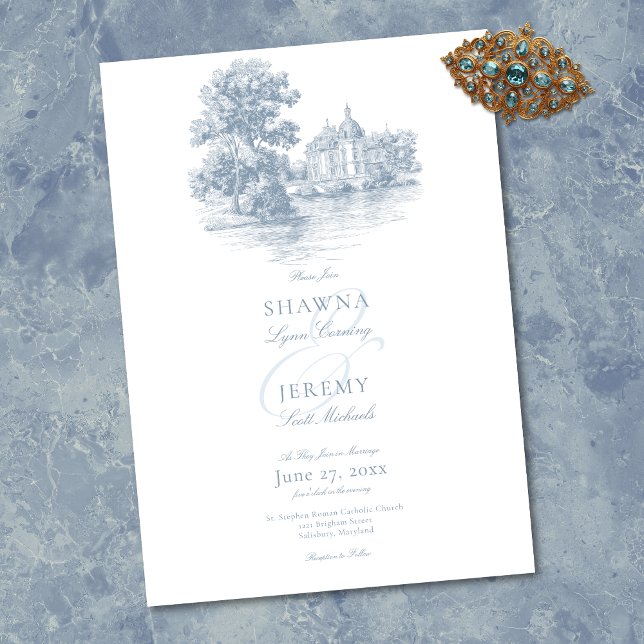 Elegant Dusty Blue Toile French Manor Wedding Invitation (Elegant Dusty Blue Toile French Manor Wedding Invitation)