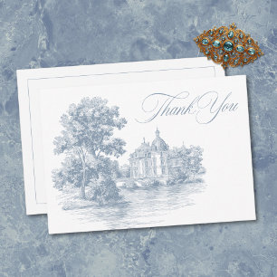 Elegant Dusty Blue Toile French Manor Wedding Thank You Card
