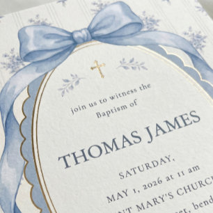 Elegant Dusty Blue Toile Ribbon Bow Baptism Invitation