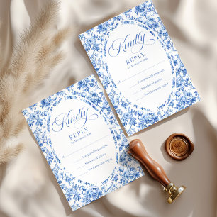 Elegant Dusty Blue Toile Roses Wedding RSVP Set Card