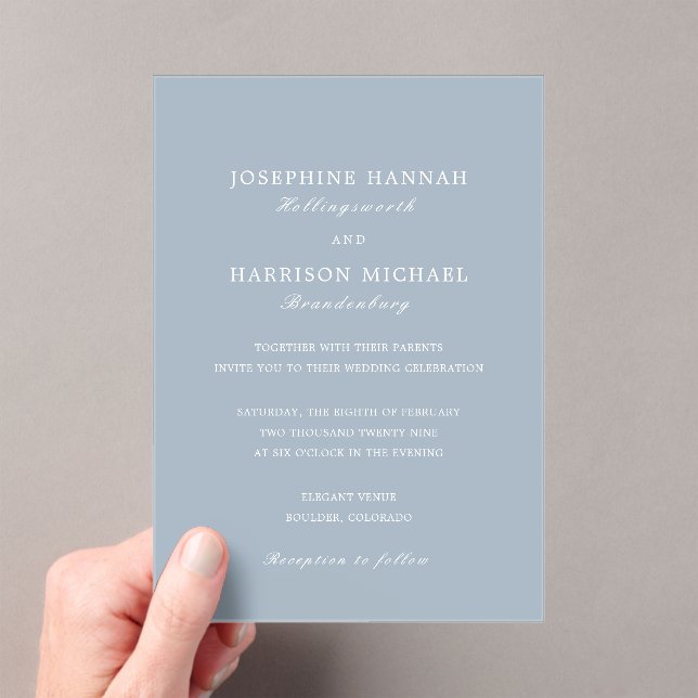 Elegant Dusty Blue Traditional Wedding Acrylic Invitations (Insitu (Handheld))
