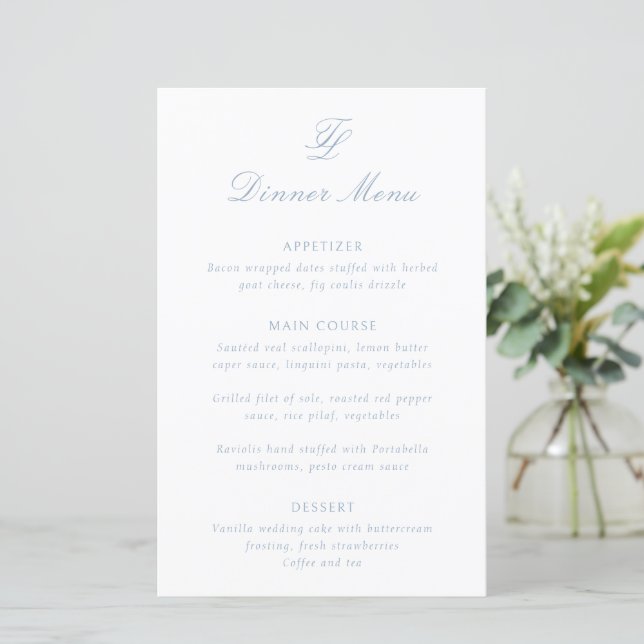 Elegant Dusty Blue Traditional Wedding Menu (Standing Front)