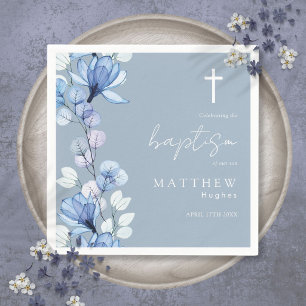 Elegant Dusty Blue Transparent Floral Baptism Napkins
