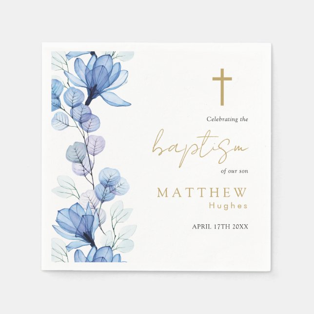 Elegant Dusty Blue Transparent Floral Baptism Napkins (Front)