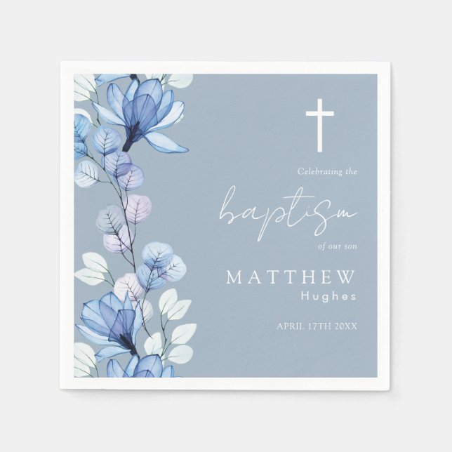 Elegant Dusty Blue Transparent Floral Baptism Napkins (Front)
